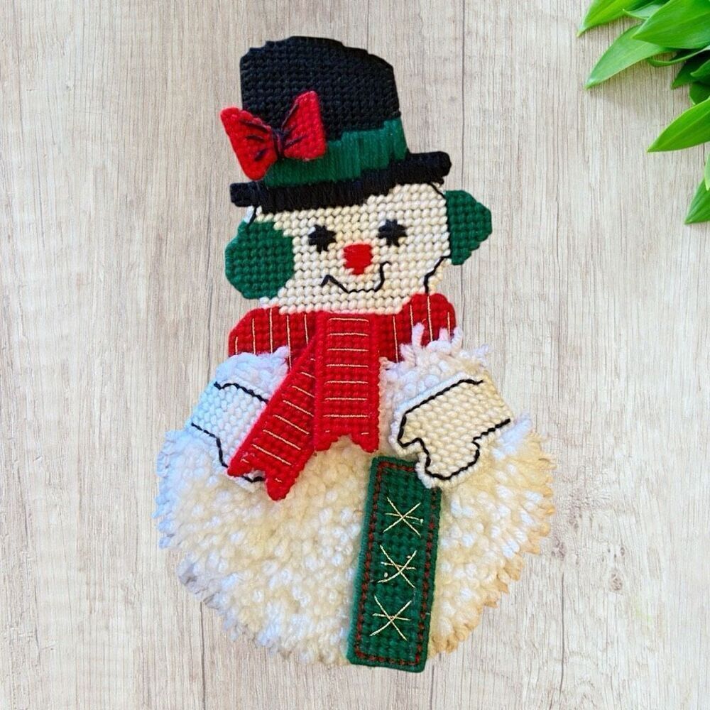 Vintage Plastic Canvas Winter Snowman Door Hanging